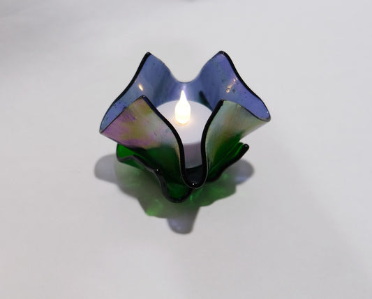 Purple Iridescent Fused Glass Flower look tea light candle holder with battery operated votive candle seeds glassworks seedsglassworks