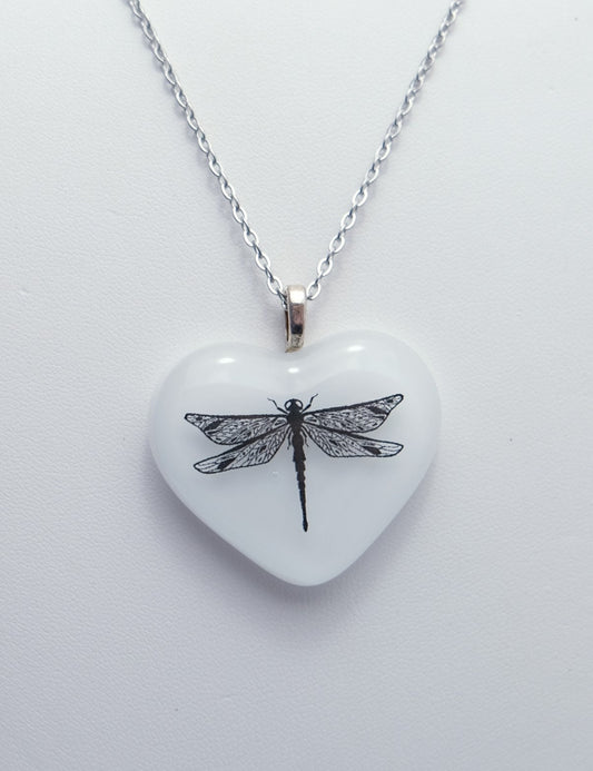 Black and White Dragonfly Heart Fused Glass Pendant on  20 inch steel chain seeds glassworks seedsglassworks