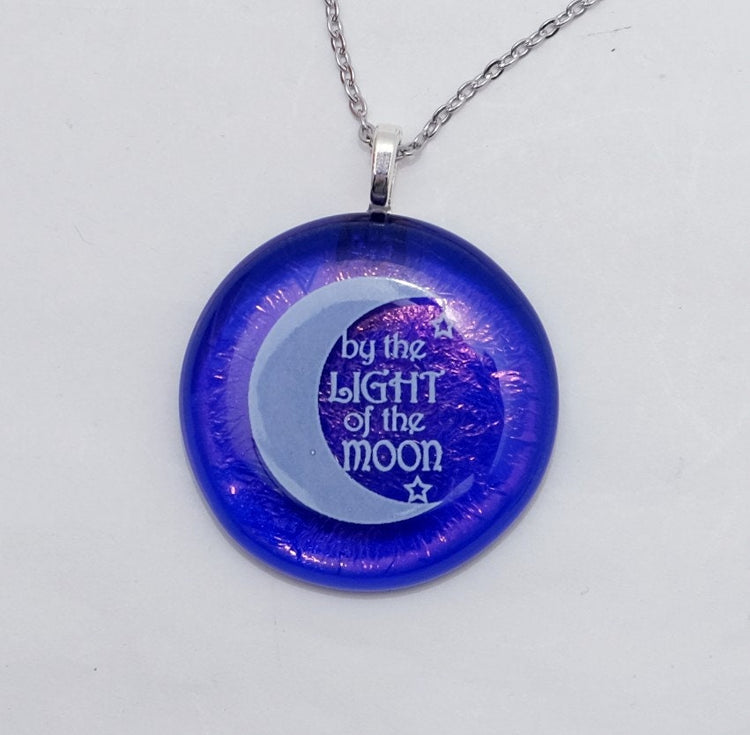 Crescent Moon, white on dark clear blue with crinkle effect fused glass circle pendant on 20 inch steel chain