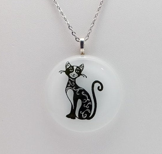 Black Whimsical Cat on White Circle  Fused Glass Pendant necklace jewelry on  20 inch steel chain seeds glassworks seedsglassworks