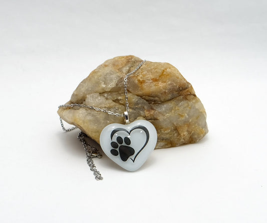 Adorable Animal Paw Print Heart Necklace - White Fused Glass heart on  20 inch steel chain seedsglassworks seeds glassworks