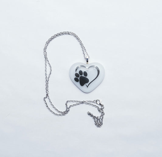 Adorable Animal Paw Print Heart Necklace - White Fused Glass heart on  20 inch steel chain seedsglassworks seeds glassworks