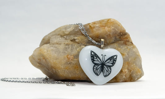 White fused glass heart with Black Butterfly on  20 inch steel chain pendant necklace jewelry seeds glassworks seedsglassworks