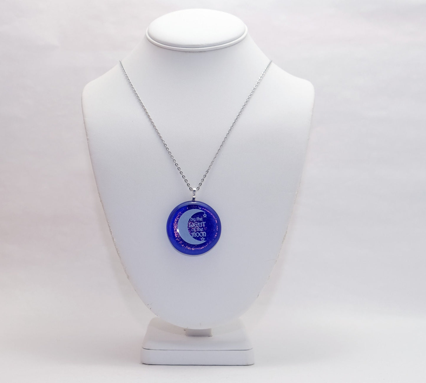 Crescent Moon, white on dark clear blue with crinkle effect fused glass circle pendant on 20 inch steel chain