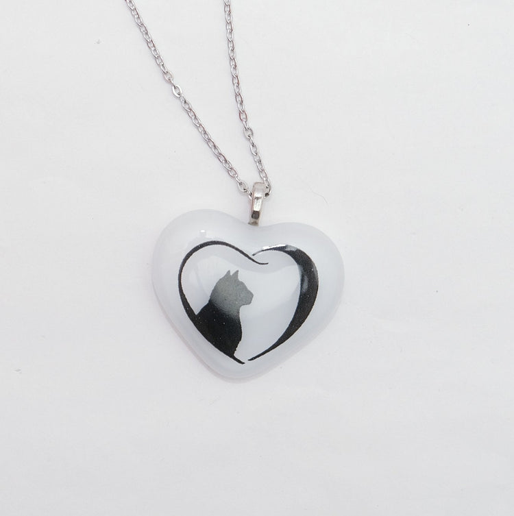 White  and Black Cat Heart whimsical fused Glass Pendant on  20 inch steel chain seeds glassworks seedsglassworks