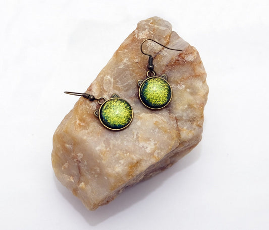 Whimsical Cat Head Shaped pierced Earrings - Brass Tone with Yellow Green Dichroic Glass