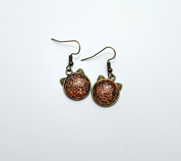 Whimsical Cat Head Shaped Pierced Earrings - Brass Tone with orange Dichroic Glass