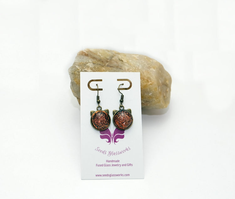 Whimsical Cat Head Shaped Pierced Earrings - Brass Tone with orange Dichroic Glass