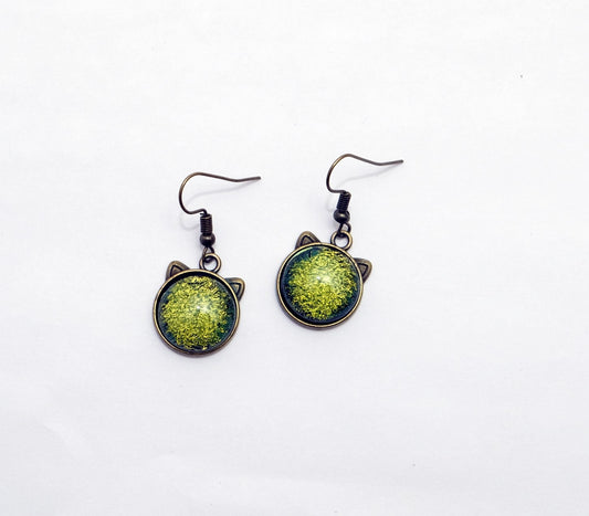 Whimsical Cat Head Shaped pierced Earrings - Brass Tone with Yellow Green Dichroic Glass