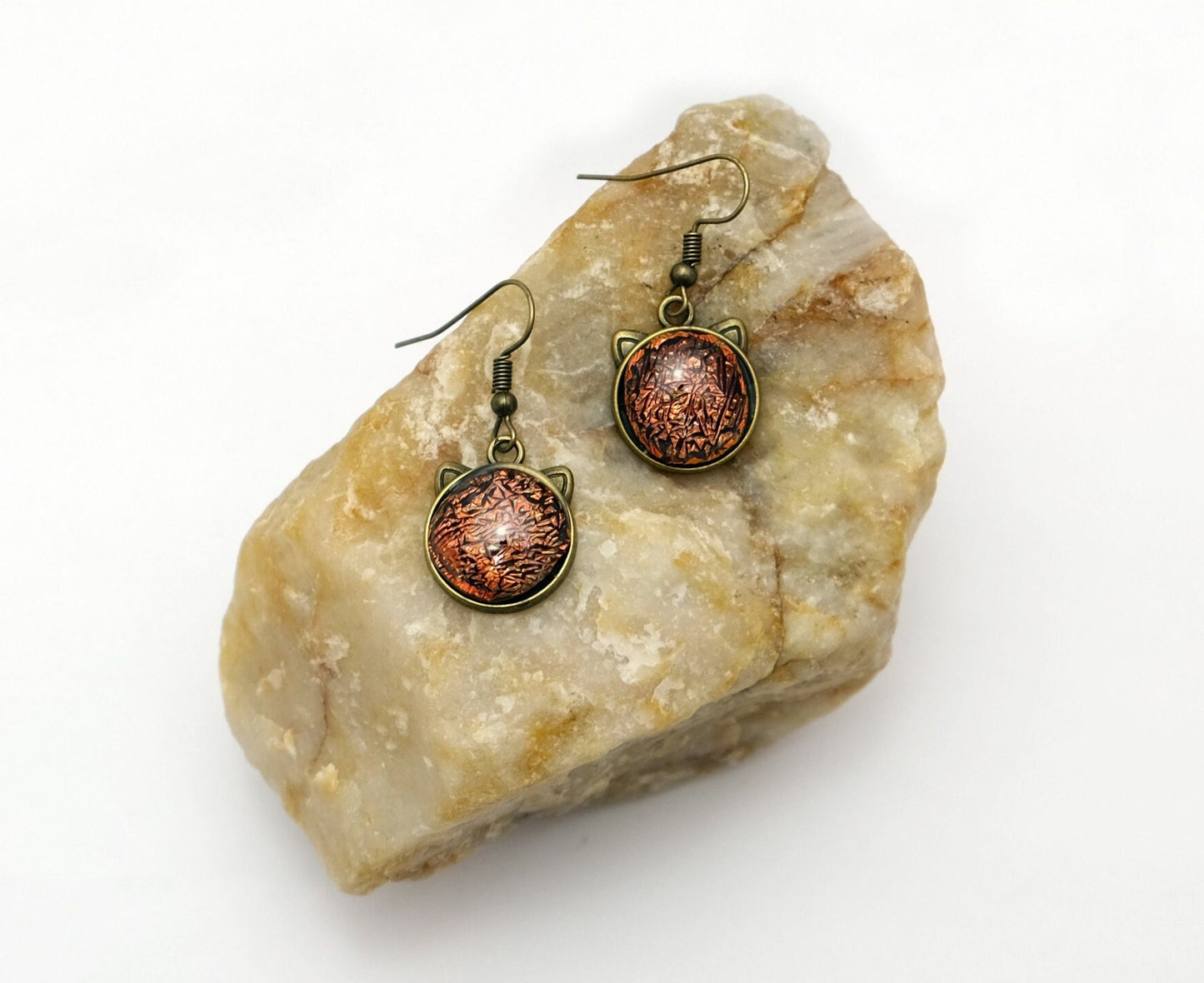 Whimsical Cat Head Shaped Pierced Earrings - Brass Tone with orange Dichroic Glass