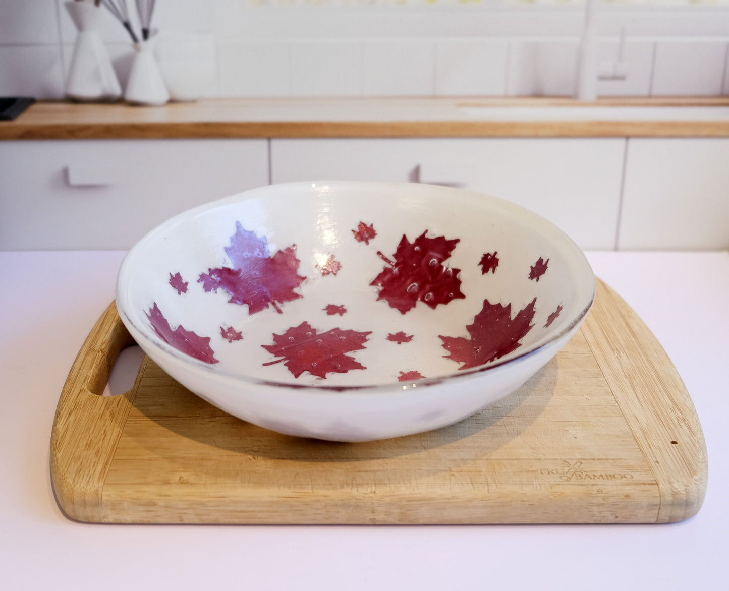 Elegant 8.5 Inch Wide white Fused Glass Bowl with real Copper Leaf Design - Perfect for Fall Decor