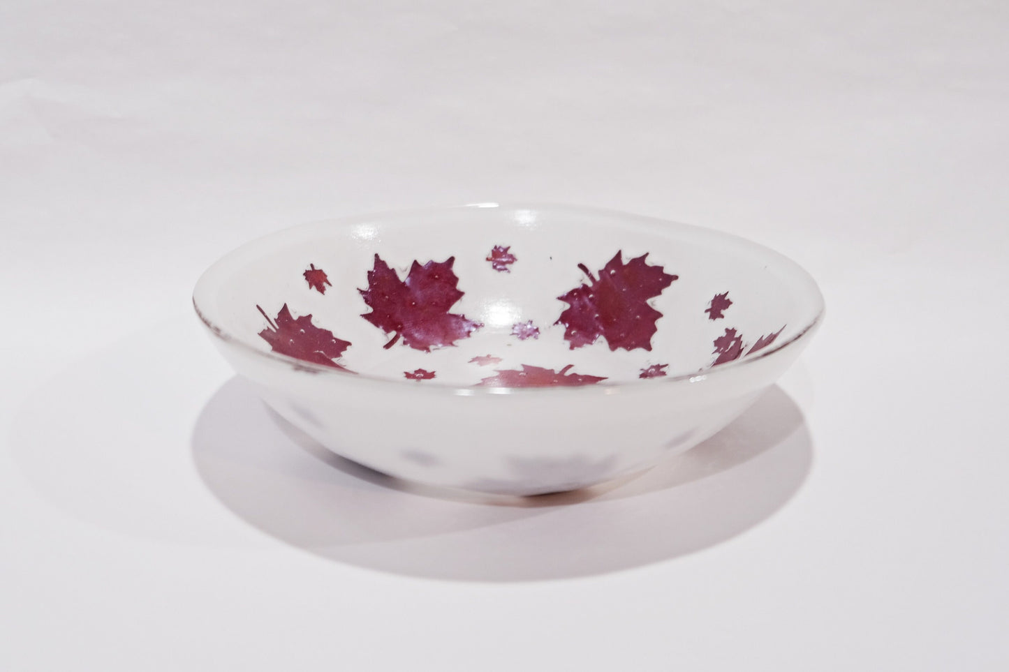 Elegant 8.5 Inch Wide white Fused Glass Bowl with real Copper Leaf Design - Perfect for Fall Decor