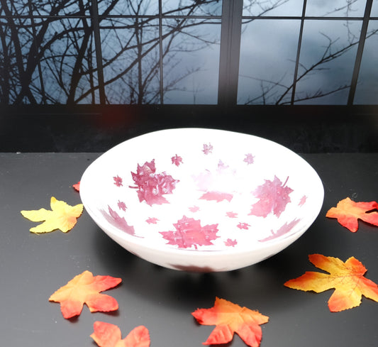 Elegant 8.5 Inch Wide white Fused Glass Bowl with real Copper Leaf Design - Perfect for Fall Decor