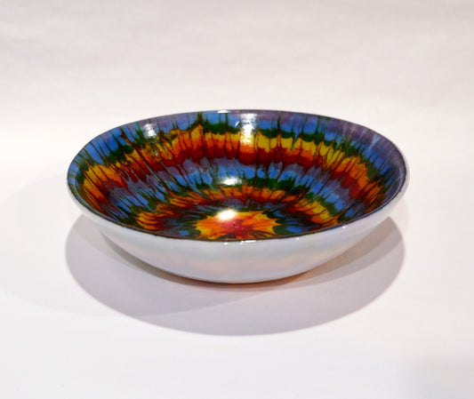 Handcrafted 8.5 Inch Wide Rainbow Tie Dye-Look White Fused Glass Bowl - Unique and Colorful Dish