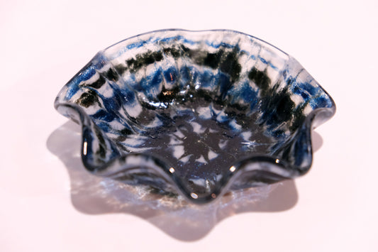 Blue, Black, White Tie Dye look ruffle edge 5 inch fused glass bowl