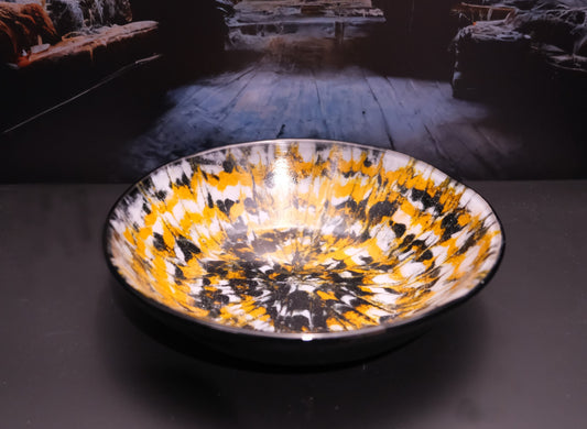 Spooky and Stylish: 8.5 Inch Wide Black, Orange, and White Tie Dye Fused Glass Bowl