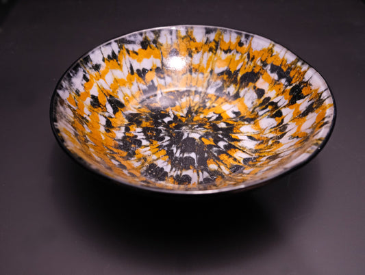 Spooky and Stylish: 8.5 Inch Wide Black, Orange, and White Tie Dye Fused Glass Bowl