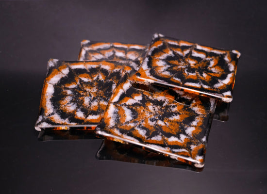 Black, Orange and white Tie Dye Look Fused Glass Drink Coasters with a Spooky Halloween Vibe, set of 4 seeds glassworks seedsglassworks