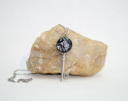 Small  Skeleton Key silver finish pendant necklace with Fused Glass Silver Lace cabochon on 24 inch stainless steel chain jewelry