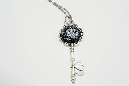 Silver finish  Flowered Skeleton Key pendant necklace with Fused Glass Silver Lace Dichroic cabochon on 24 inch stainless steel chain seeds glassworks seedsglassworks