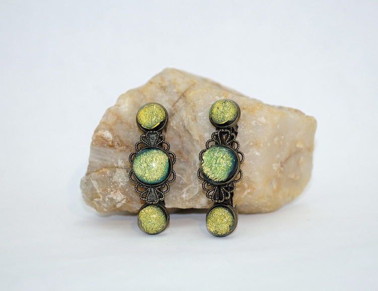 Barrette pair, bronze flowers with yellow/green dichroic fused glass cabochons, french clip, 2 1/4 inches