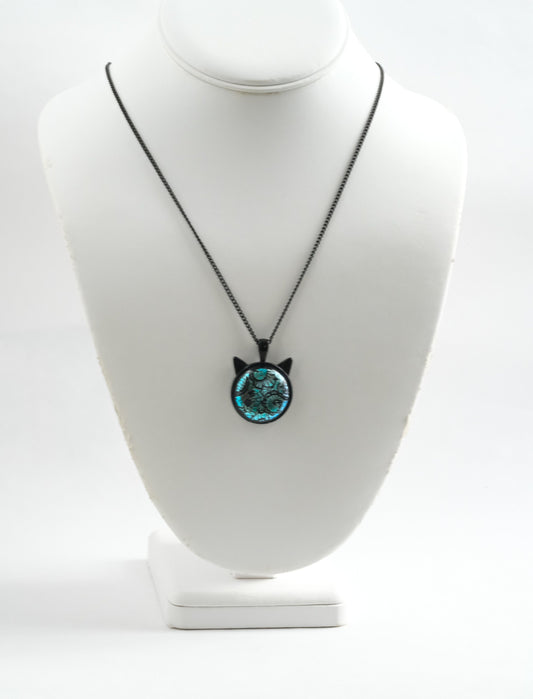 Magical Black Cat Pendant Necklace with Blue and Black satin finish lace look Dichroic Glass Center Stone on 20 in black chain