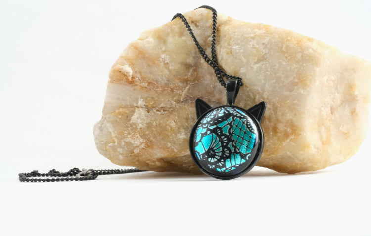 Magical Black Cat Pendant Necklace with Blue and Black satin finish lace look Dichroic Glass Center Stone on 20 in black chain