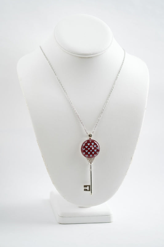 Silver tone Skeleton Key pendant necklace with Fused Glass Red with dichroic hearts pattern cabochon on 24 inch steel chain jewelry