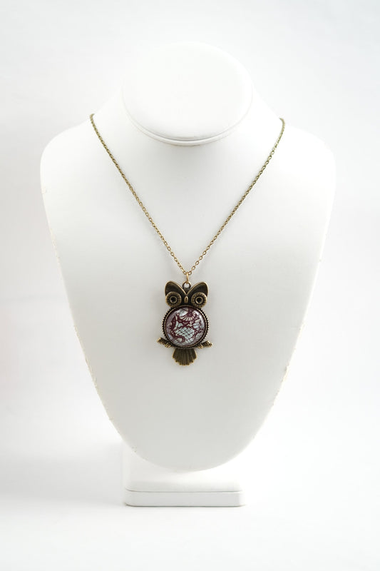 Bronze Owl Pendant Necklace with Stunning Red Lace Dichroic Fused Glass Center Stone - 20 inch Chain