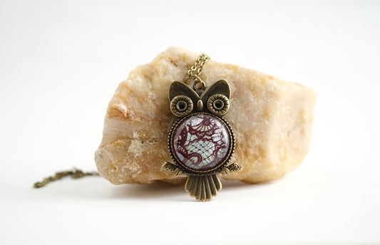 Bronze Owl Pendant Necklace with Stunning Red Lace Dichroic Fused Glass Center Stone - 20 inch Chain