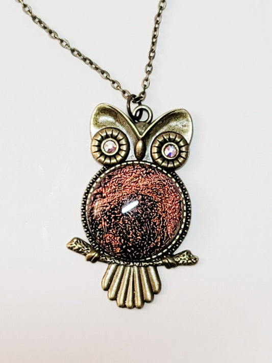 Bronze Owl Pendant Necklace with Stunning Orange Lace Dichroic Fused Glass Center Stone - 20 inch Chain seeds glassworks seedsglassworks