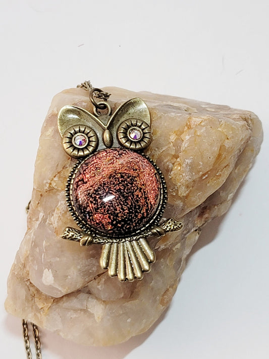 Bronze Owl Pendant Necklace with Stunning Orange Lace Dichroic Fused Glass Center Stone - 20 inch Chain seeds glassworks seedsglassworks