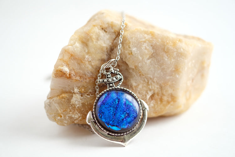 Silver Anchor pendant necklace, with blue sparkling dichroic fused glass center stone on a 20 inch steel chain