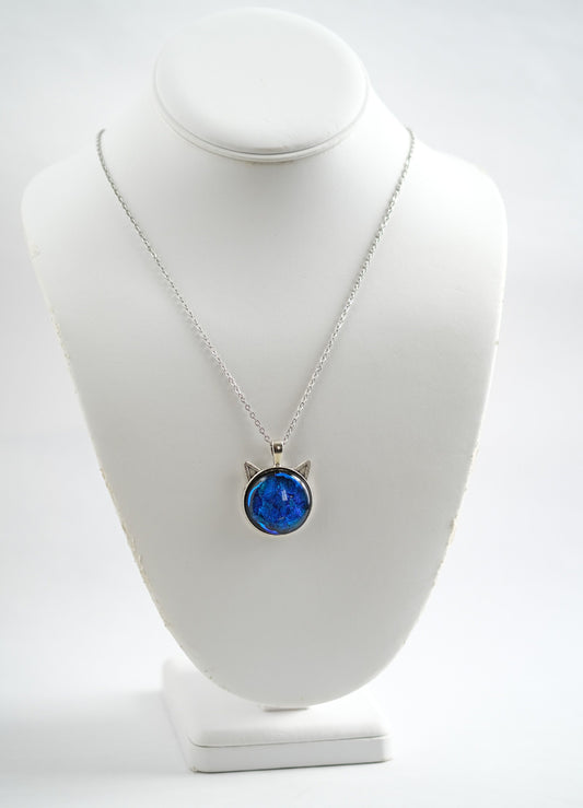 Silver Cat pendant necklace, with blue sparkling dichroic fused glass center stone on a 20 inch steel chain