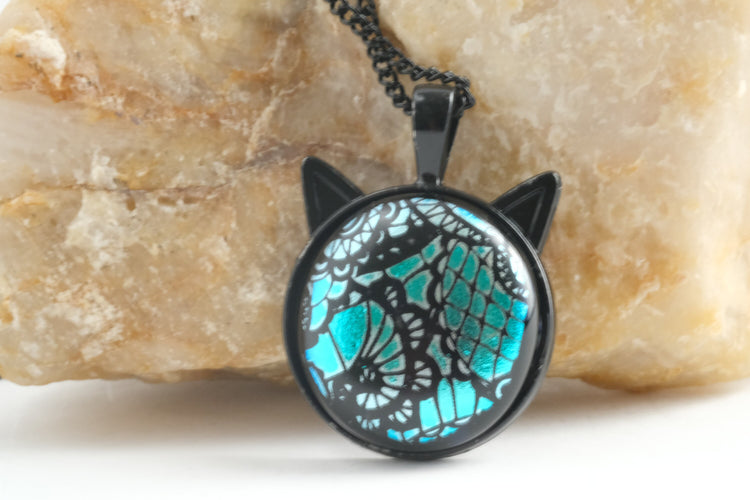 Magical Black Cat Pendant Necklace with Blue and Black satin finish lace look Dichroic Glass Center Stone on 20 in black chain