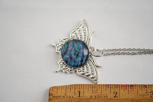 Elegant Butterfly Necklace Silver Tone Pendant with Blue/Multicolor Fused Glass Center-Handcrafted Statement Piece on 20in silver tone chain seeds glassworks seedsglassworks