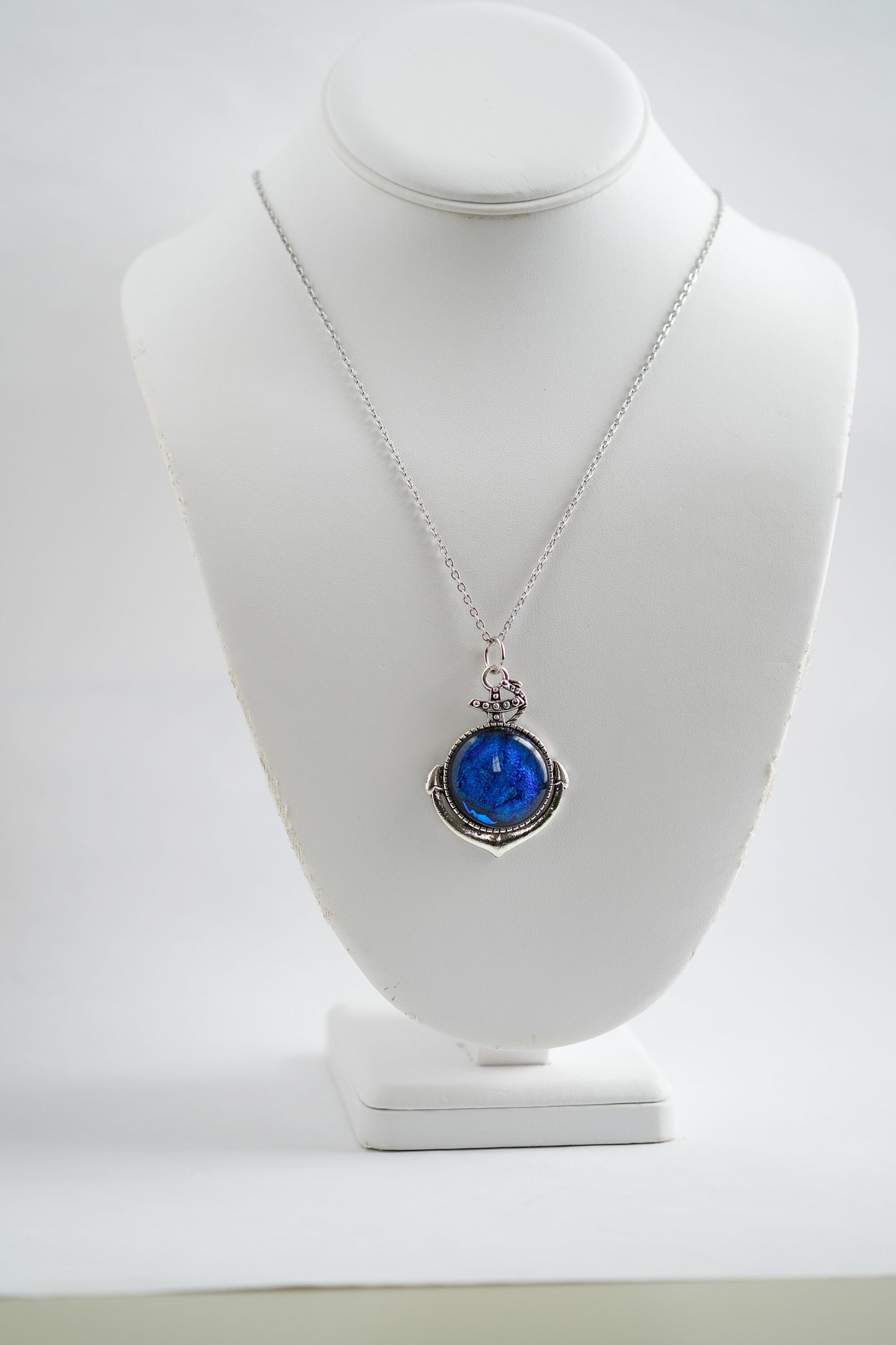 Silver Anchor pendant necklace, with blue sparkling dichroic fused glass center stone on a 20 inch steel chain