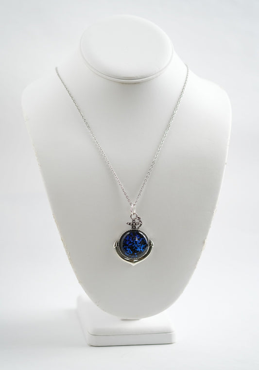 Silver Anchor pendant necklace, with blue and black sparkling dichroic fused glass center stone on a 20 inch steel chain