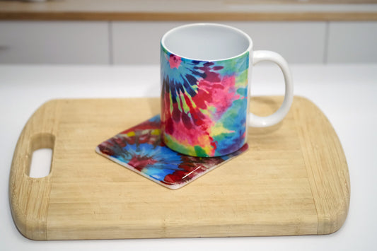 Rainbow (pinks and blues) Tie Dye look 10 oz ceramic sublimation printed mug & matching 4X4 fused glass coaster set