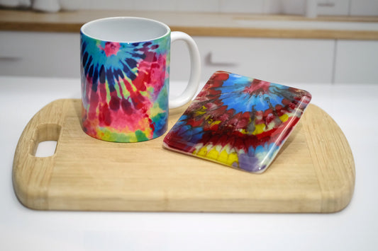 Rainbow (pinks and blues) Tie Dye look 10 oz ceramic sublimation printed mug & matching 4X4 fused glass coaster set