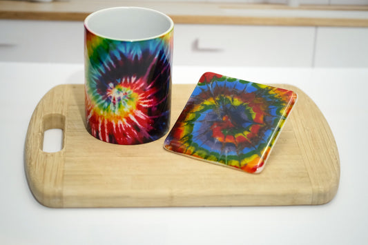 Rainbow Tie Dye look 15 oz ceramic sublimation printed mug & matching 4X4 fused glass coaster set