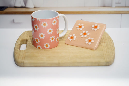 Peachy Ceramic Mug & White Flowers Coaster Set - 10 Ounce Mug, 4 Inch Square Coasters