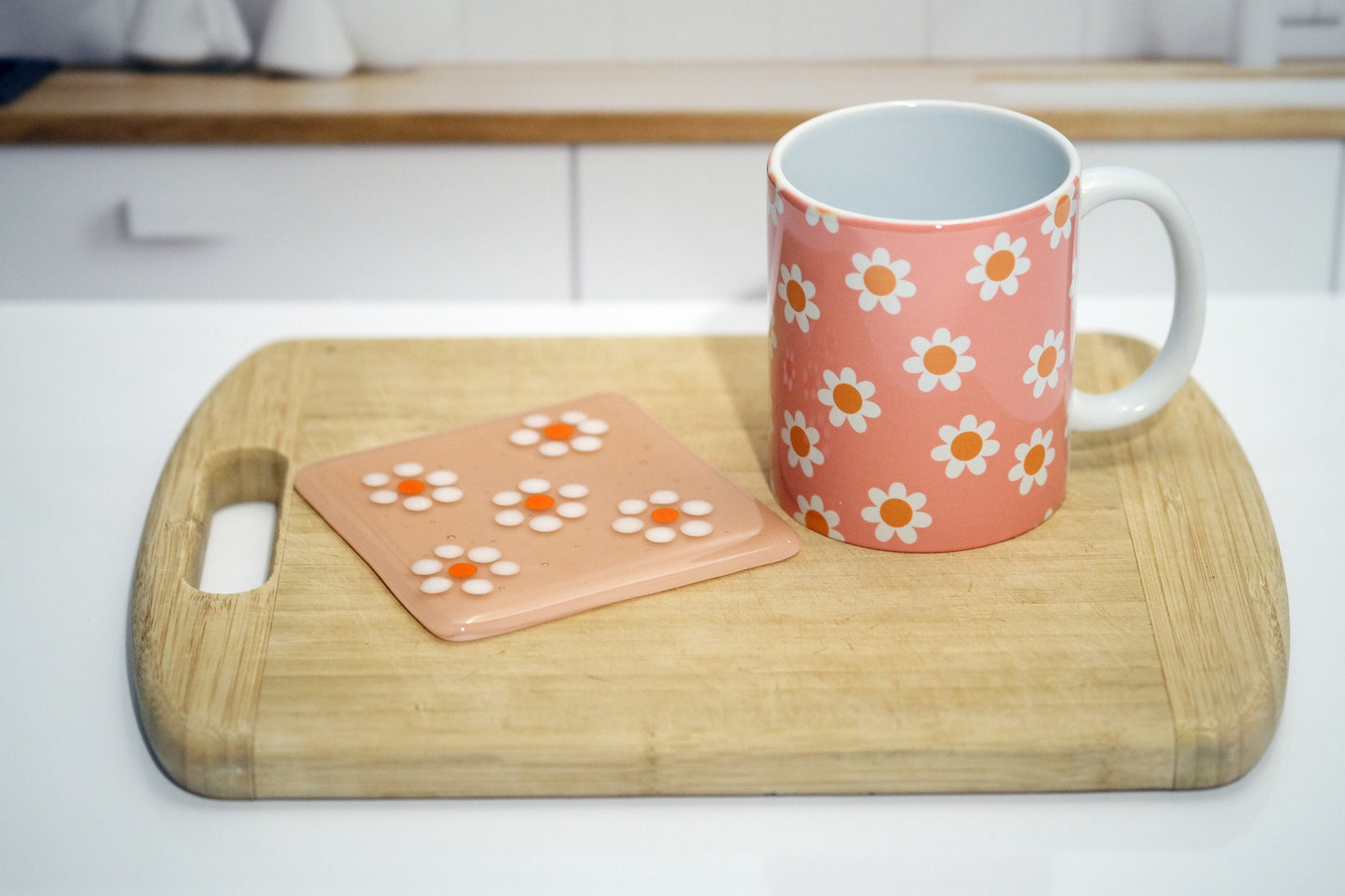 Peachy Ceramic Mug & White Flowers Coaster Set - 10 Ounce Mug, 4 Inch Square Coasters