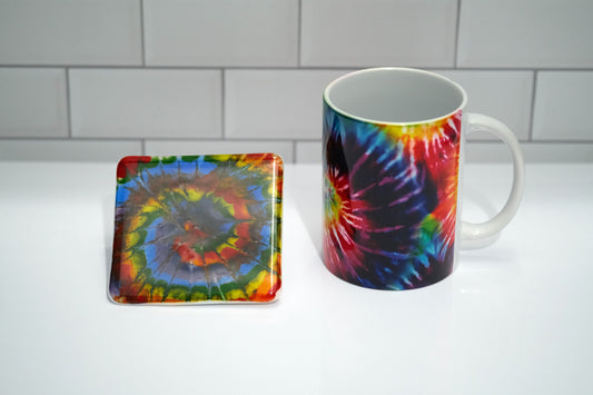 Rainbow Tie Dye look 15 oz ceramic sublimation printed mug & matching 4X4 fused glass coaster set