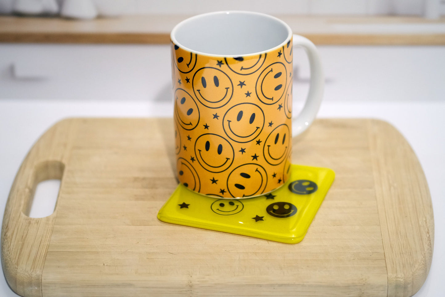 Whimsical Smiley Pattern Combo - 15 oz Mug & Fused Glass Coasters in Orange/Yellow