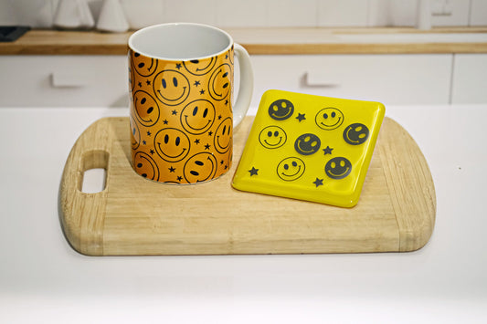 Whimsical Smiley Pattern Combo - 15 oz Mug & Fused Glass Coasters in Orange/Yellow