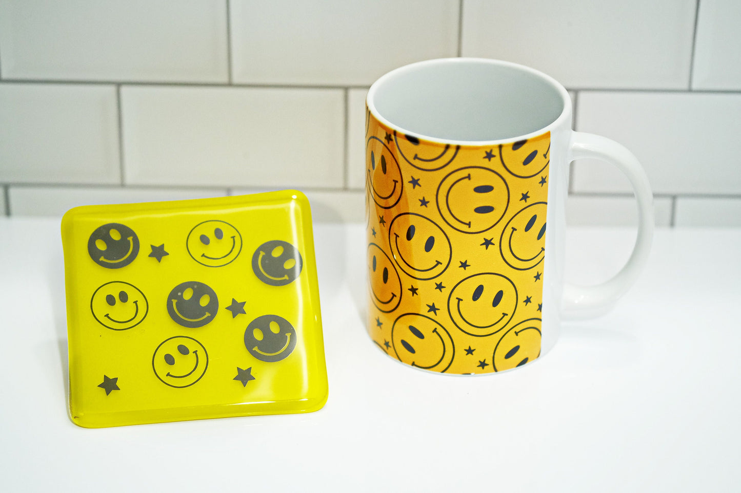 Whimsical Smiley Pattern Combo - 15 oz Mug & Fused Glass Coasters in Orange/Yellow