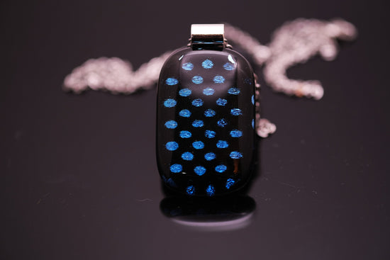 Handcrafted Dichroic Glass Pendant Necklace, Blue Dots on Black, 24 Inch Steel Chain, Statement Jewelry, 1.75  x 1 pendant, seedsglassworks seeds glassworks