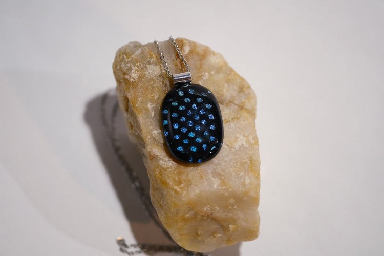 Handcrafted Dichroic Glass Pendant Necklace, Blue Dots on Black, 24 Inch Steel Chain, Statement Jewelry, 1.75  x 1 pendant, seedsglassworks seeds glassworks