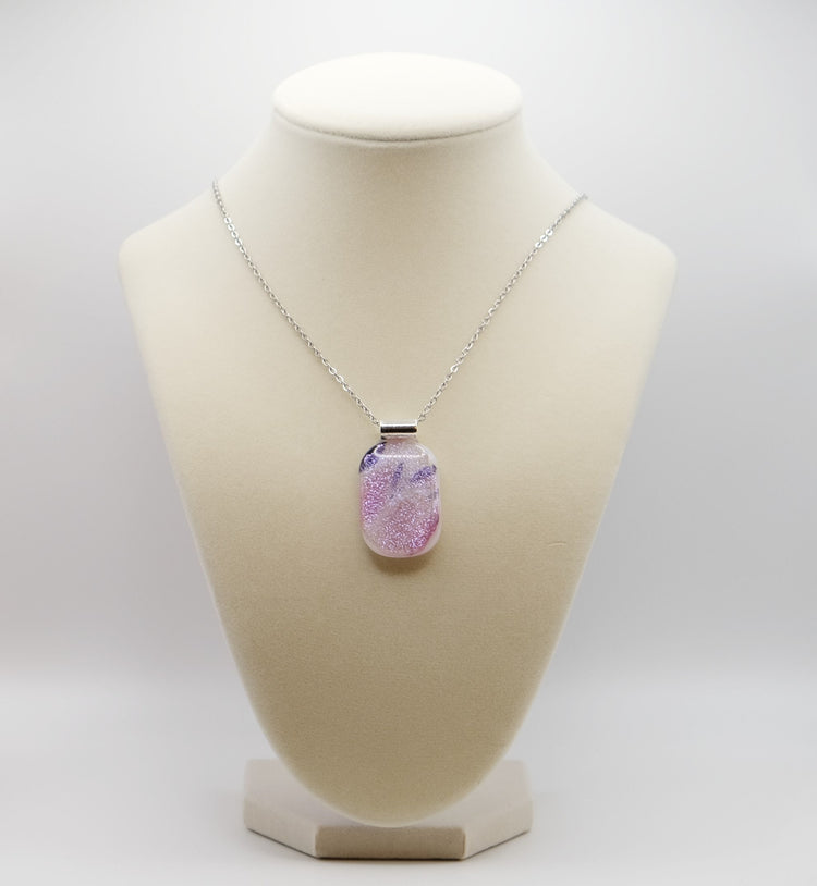 Sparkly Purple Pink White Dichroic Glass Pendant Necklace, Statement Jewelry on 24 inch chain , 1.75 X 1 inch pendant, silver tone bail seeds glassworks seedsglassworks